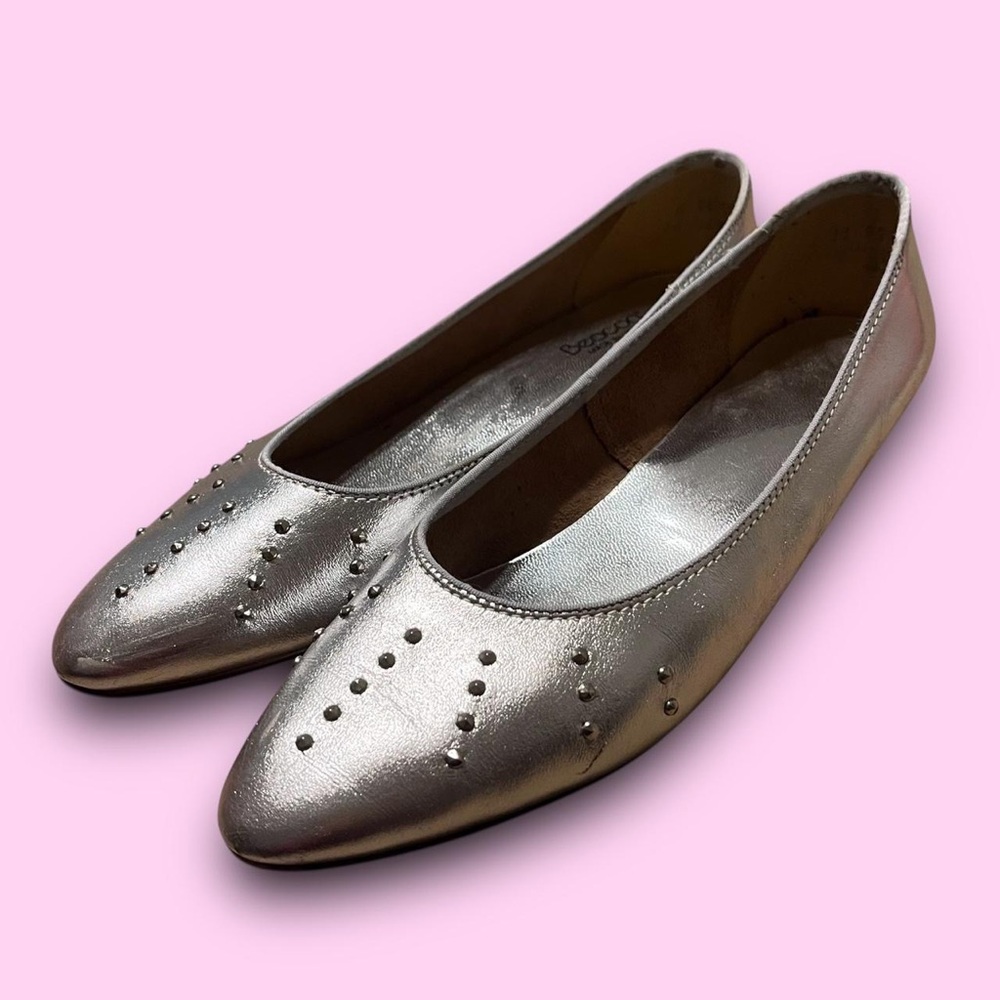 Vintage Silver Studded Leather Ballet Flats Size 8 Metallic Indie Sleaze Twee